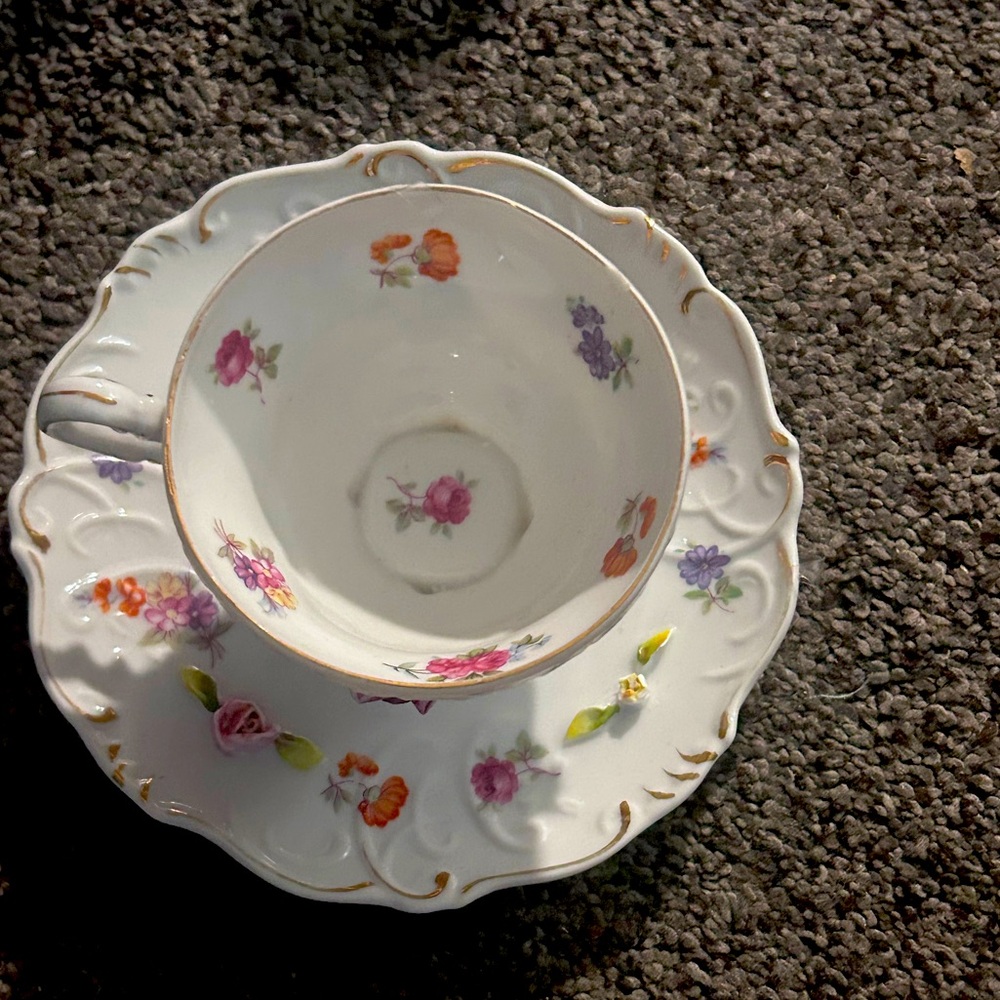 Paulux China cup and saucer high relief flowers vintage made in Japan